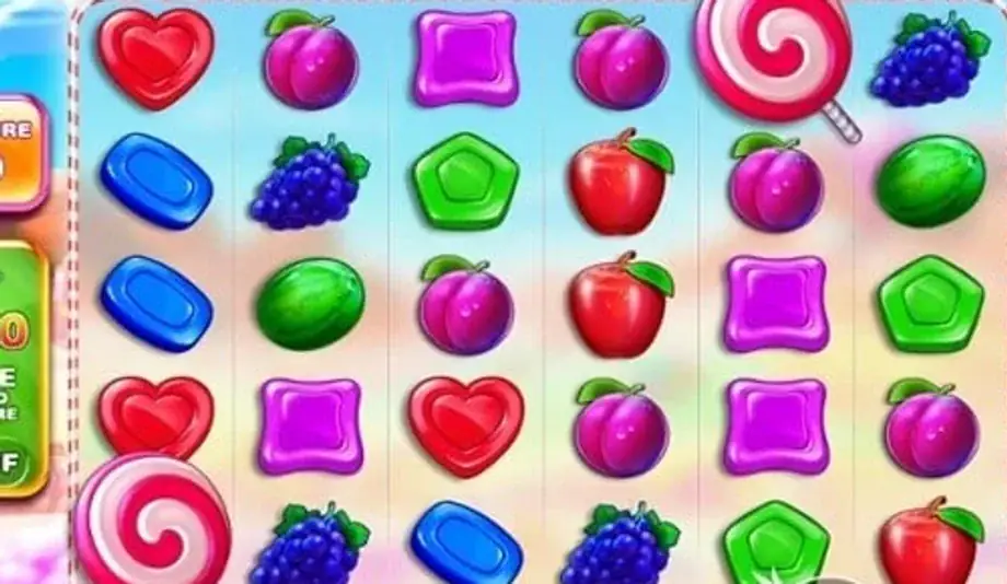 Símbolos premium de Sweet Bonanza con corazón rojo, frutas y dulces
